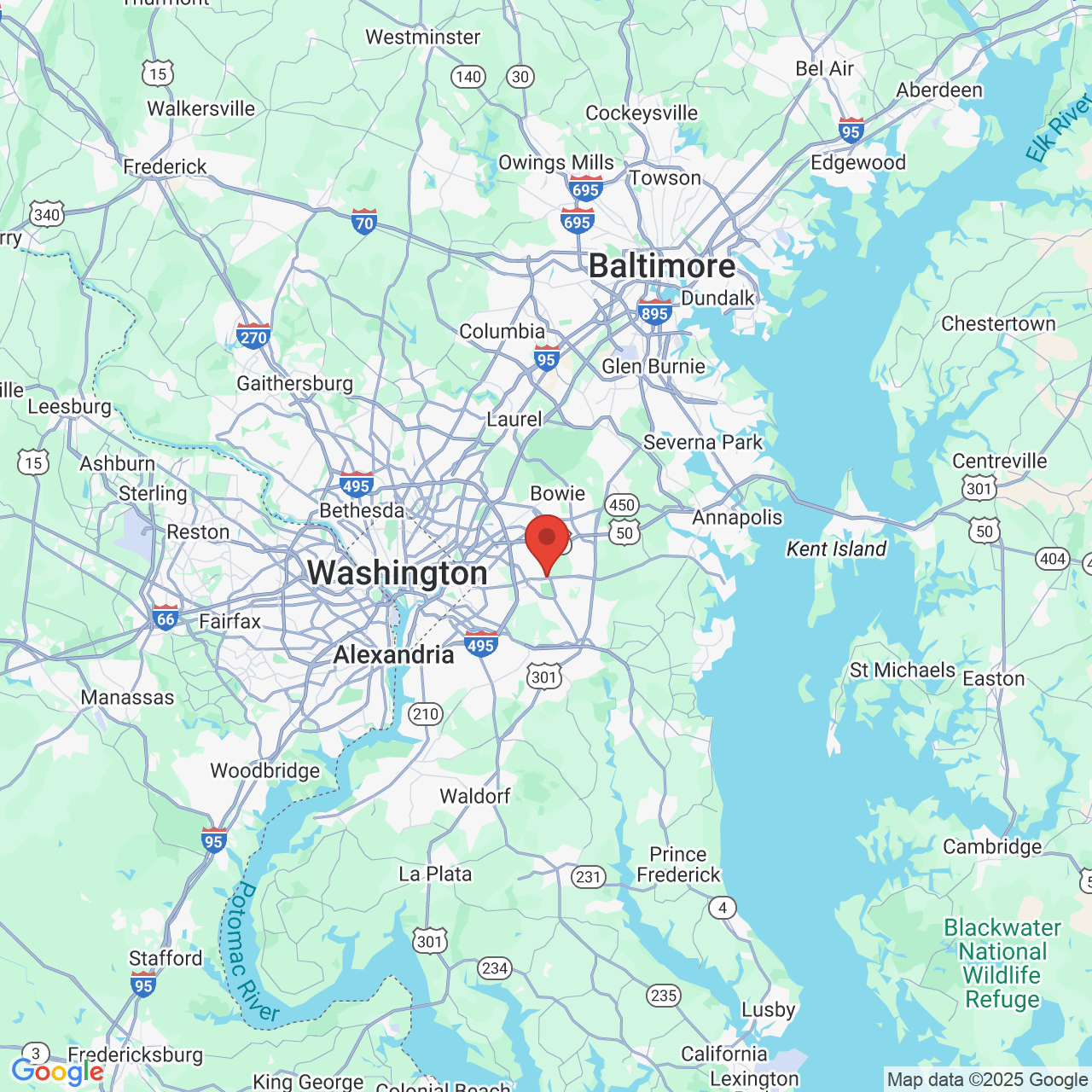 Google map image of our location in 12132 Central Ave Mitchellville, MD